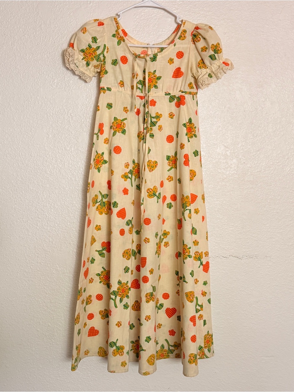 Vintage 70s Floral Heart Print Empire Waist Maxi Dress Puff Sleeve Eyelet Trim